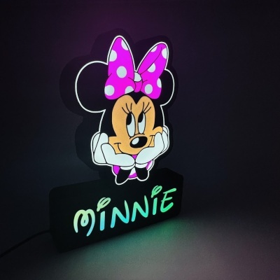 Luminária da personagem Minnie com base preta e nome iluminado