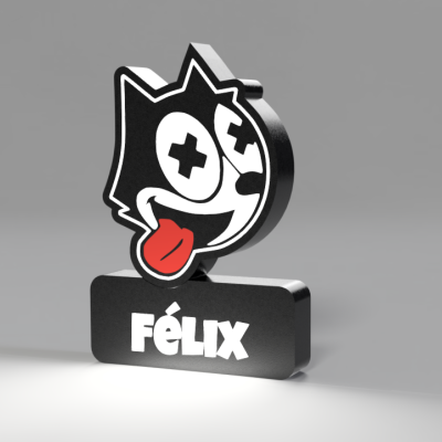 Escultura da cabeça de um gato com texto FÉLIX na base