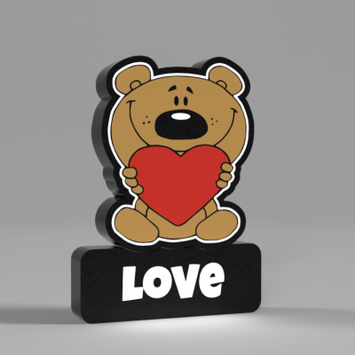 Figurinha de urso castanho com coração vermelho e base com texto LOVE