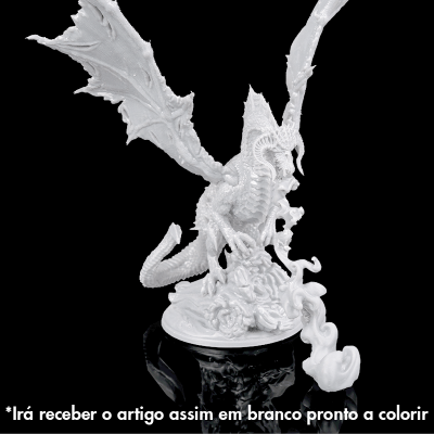 Estatueta de dragão branco com asas e fumo em resina sobre base preta