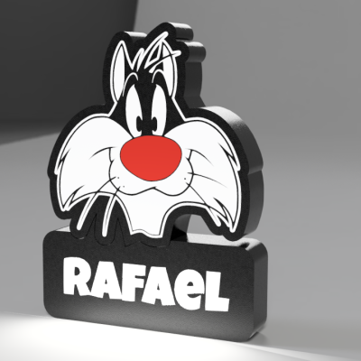 Placa decorativa preta com a imagem do Sylvester e o nome Rafael em branco