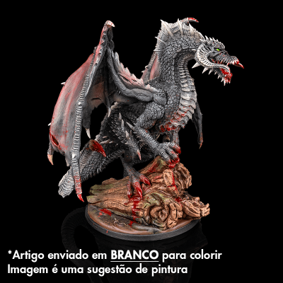 Figurine de dragão detalhada com asas vermelhas e base tipo madeira