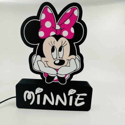 Luminária decorativa Minnie preta com laço rosa com bolinhas brancas e texto MINNIE