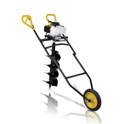 Arado motorizado preto com manípulos amarelos e roda amarela em fundo branco