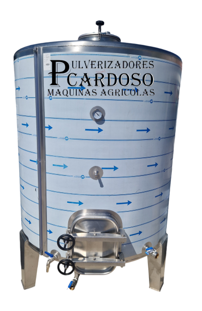 Tanque metálico com válvulas e texto PULVERIZADORES CARDOSO MÁQUINAS AGRÍCOLAS