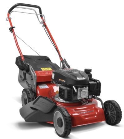 Corta-relvas a gasolina vermelho com motor preto e saco de recolha preto