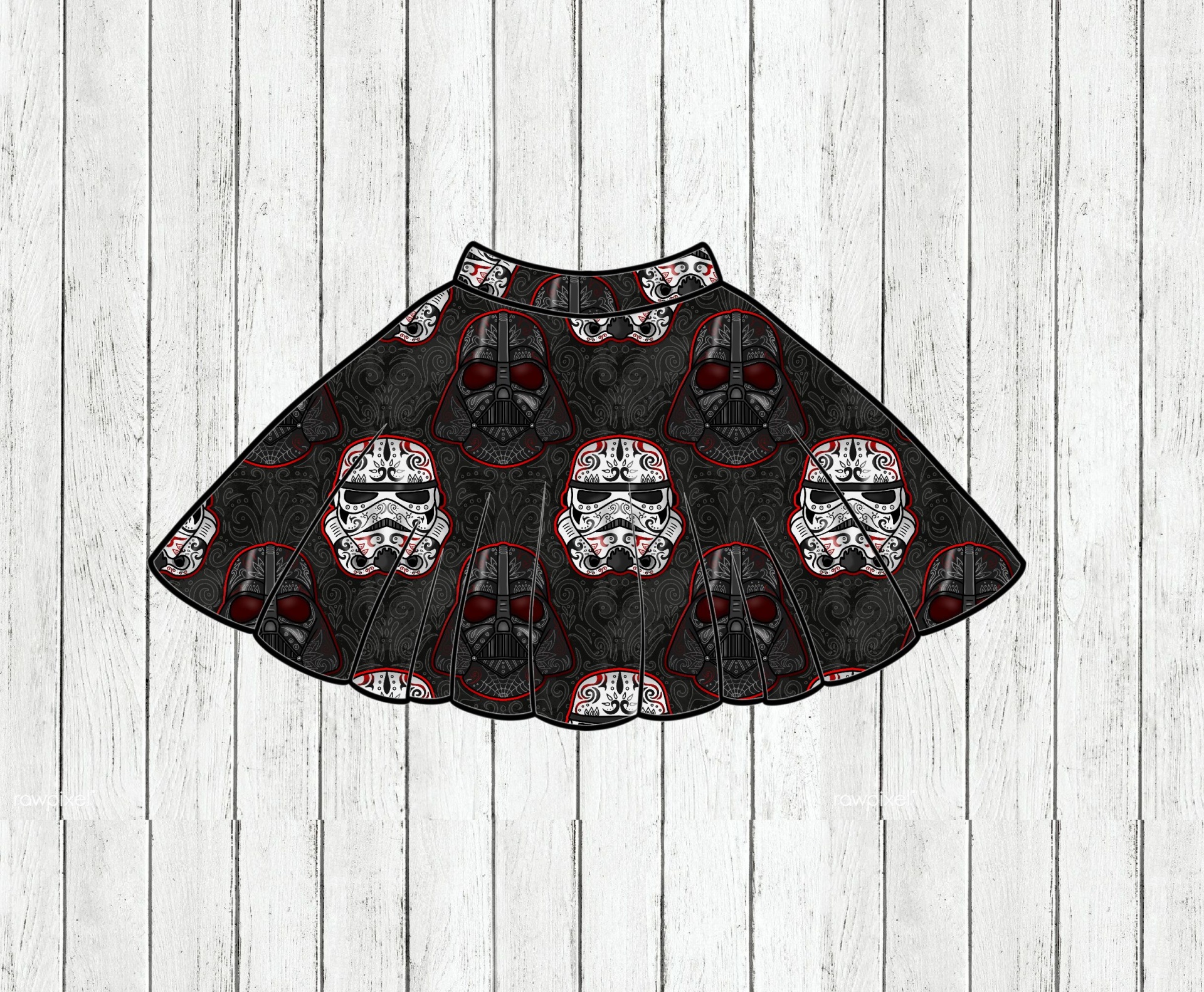 Saia preta com padrão de capacetes de Star Wars em branco, preto e vermelho
