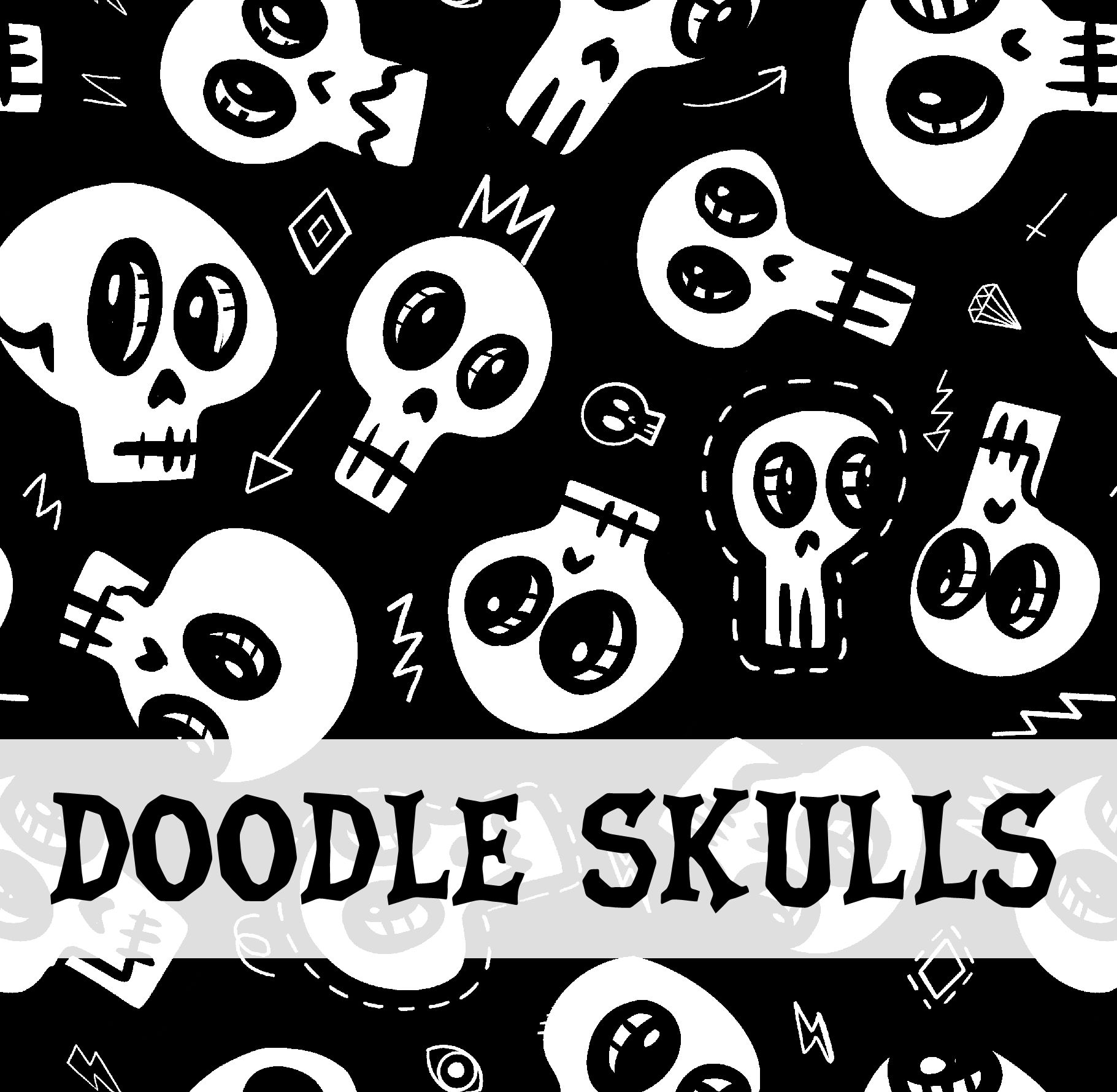 Padrão de caveiras desenhadas brancas em fundo preto com texto DOODLE SKULLS