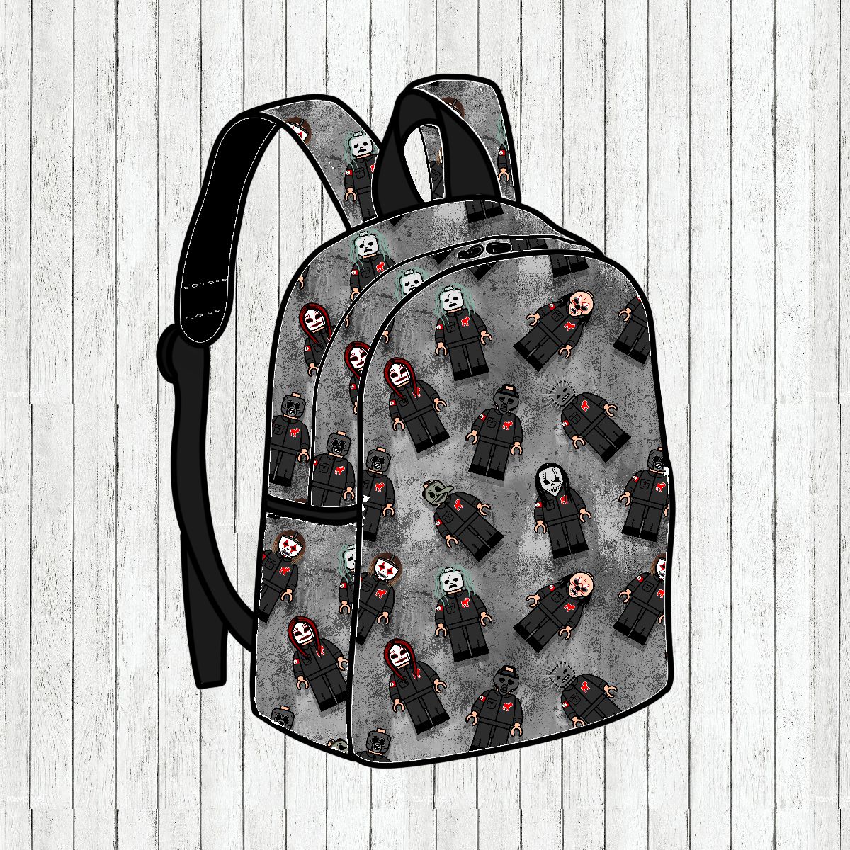 Mochila cinza com figuras de personagens de terror e alças pretas