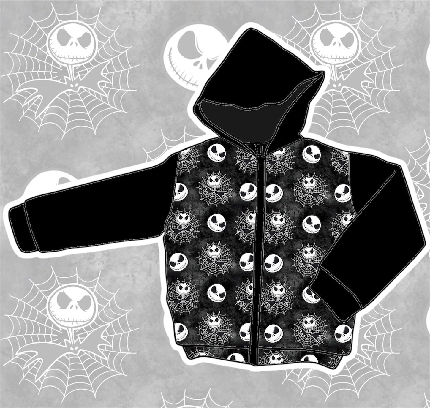 Casaco preto com capuz e padrões de caveiras e aranhas brancas