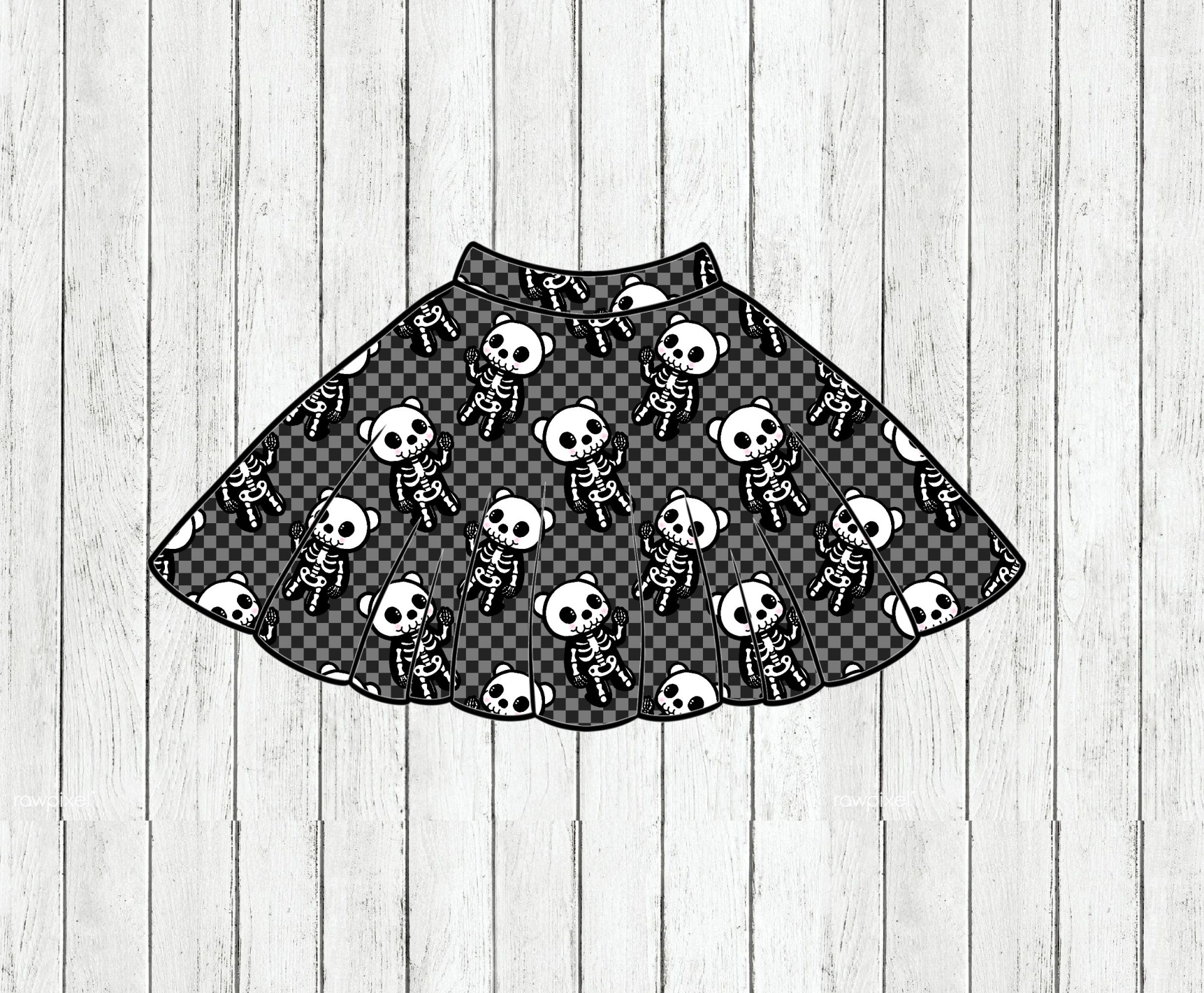Saia preta com padrão de esqueletos brancos e pequenos quadrados cinzentos