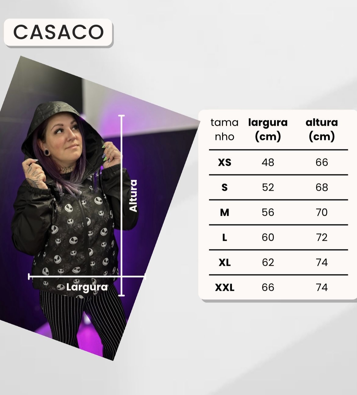 Mulher veste casaco preto com estampas brancas e tabela de tamanhos ao lado