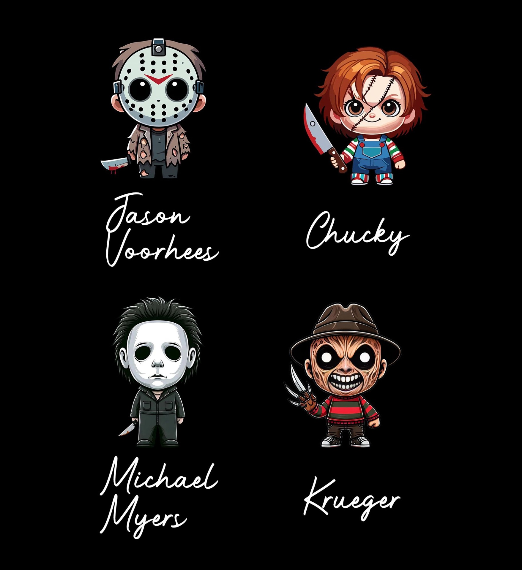 Figuras ilustrativas de Jason Voorhees, Chucky, Michael Myers e Krueger em fundo preto