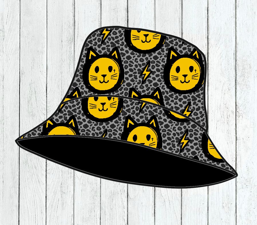 Chapéu pescador cinzento com rostos de gatos amarelos e relâmpagos
