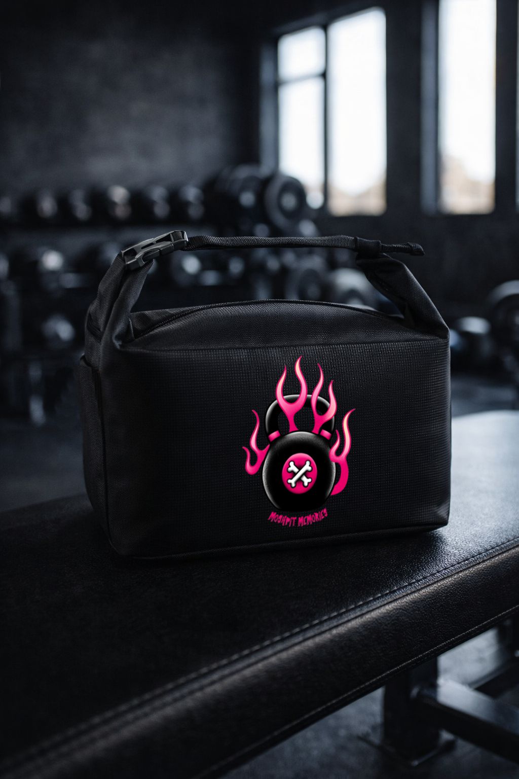 Bolsa preta com desenho de kettlebell e chamas cor-de-rosa sobre banco de ginásio.