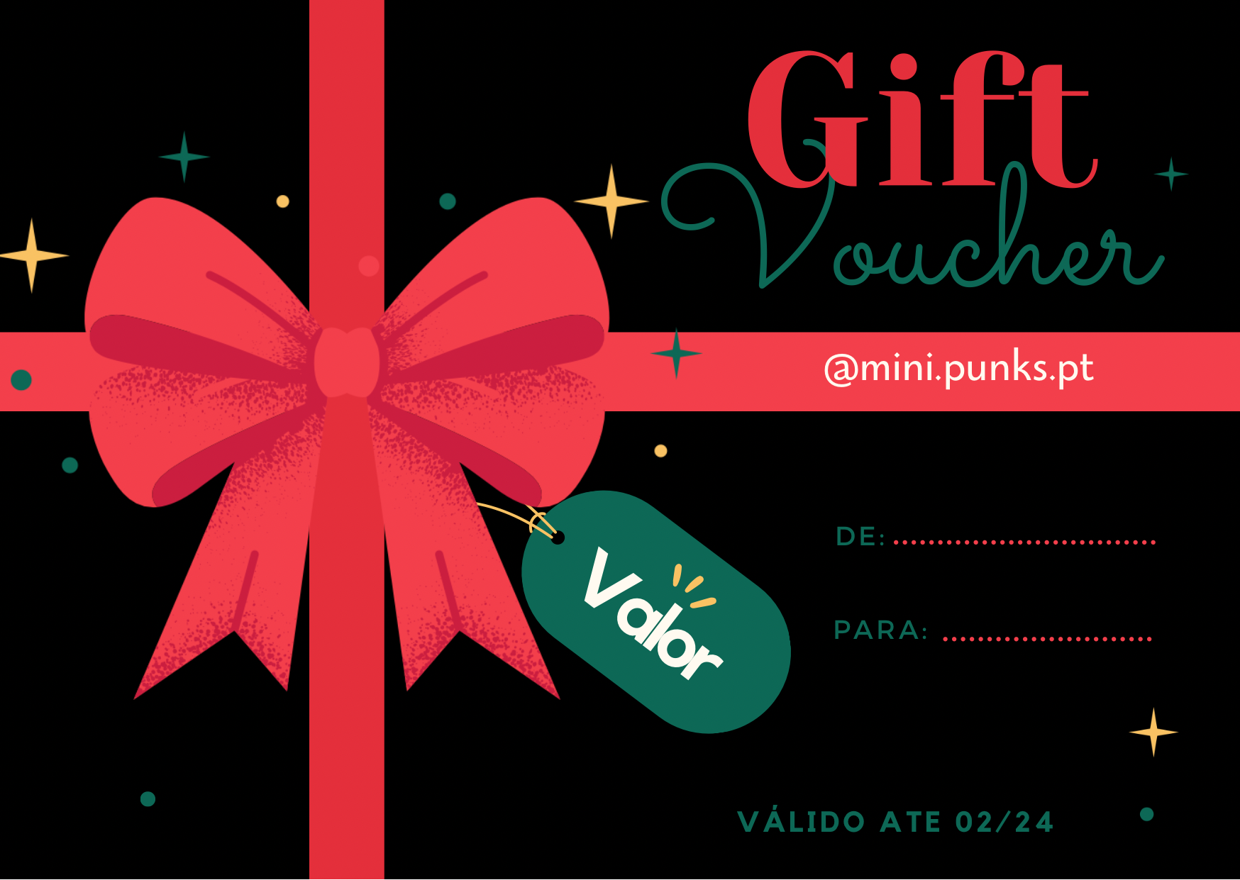Vale-presente digital com laço vermelho e selo verde, texto Gift Voucher e validade 02/24.