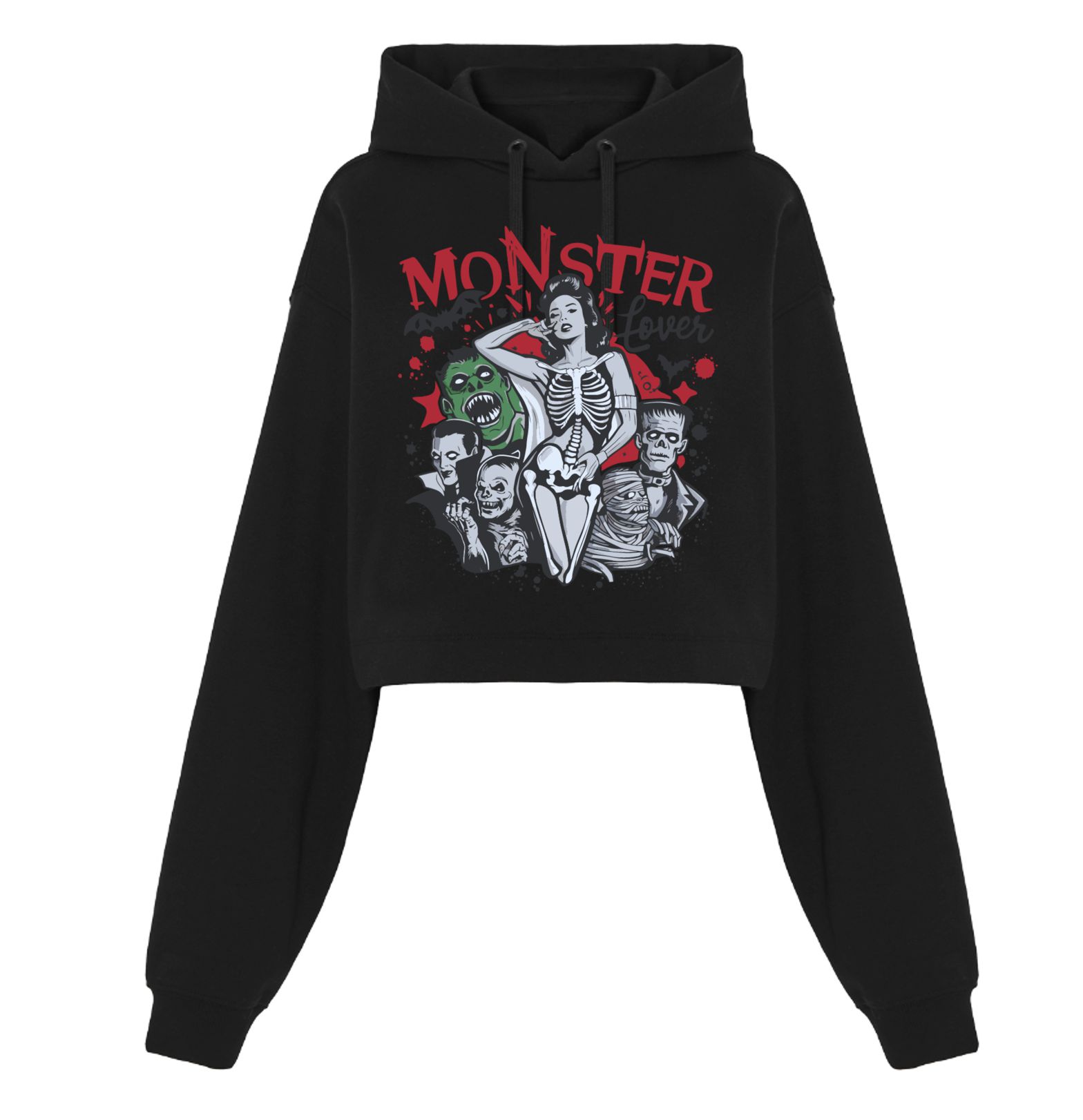 Sweatshirt cropped preta com estampa de monstros e texto MONSTER lover