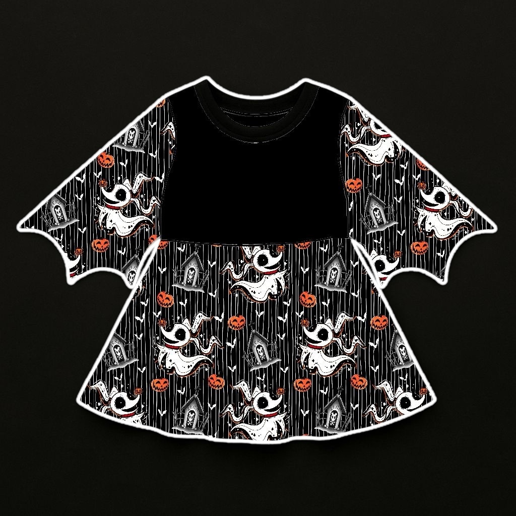 Vestido infantil preto com estampas de Halloween e mangas largas