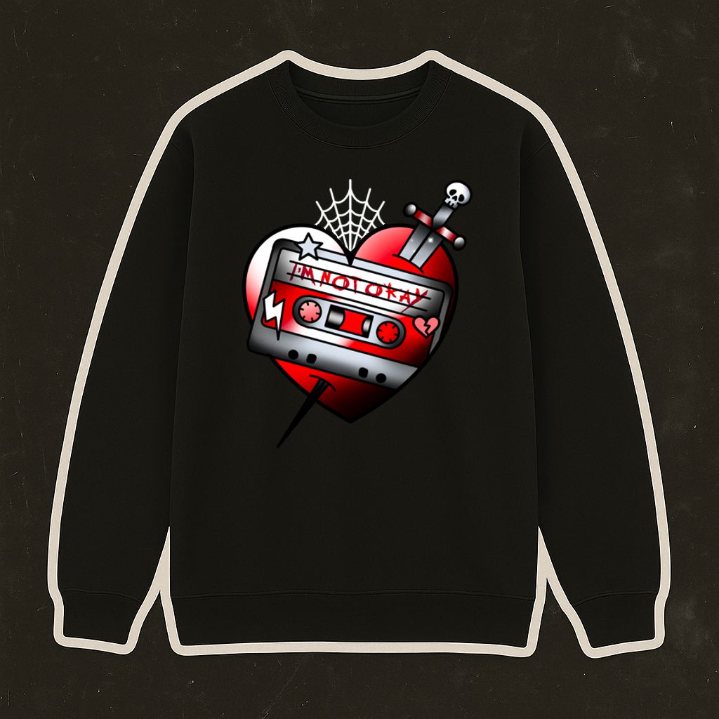 Sweatshirt preta com estampado de coração e fita cassete DAUGHTRY