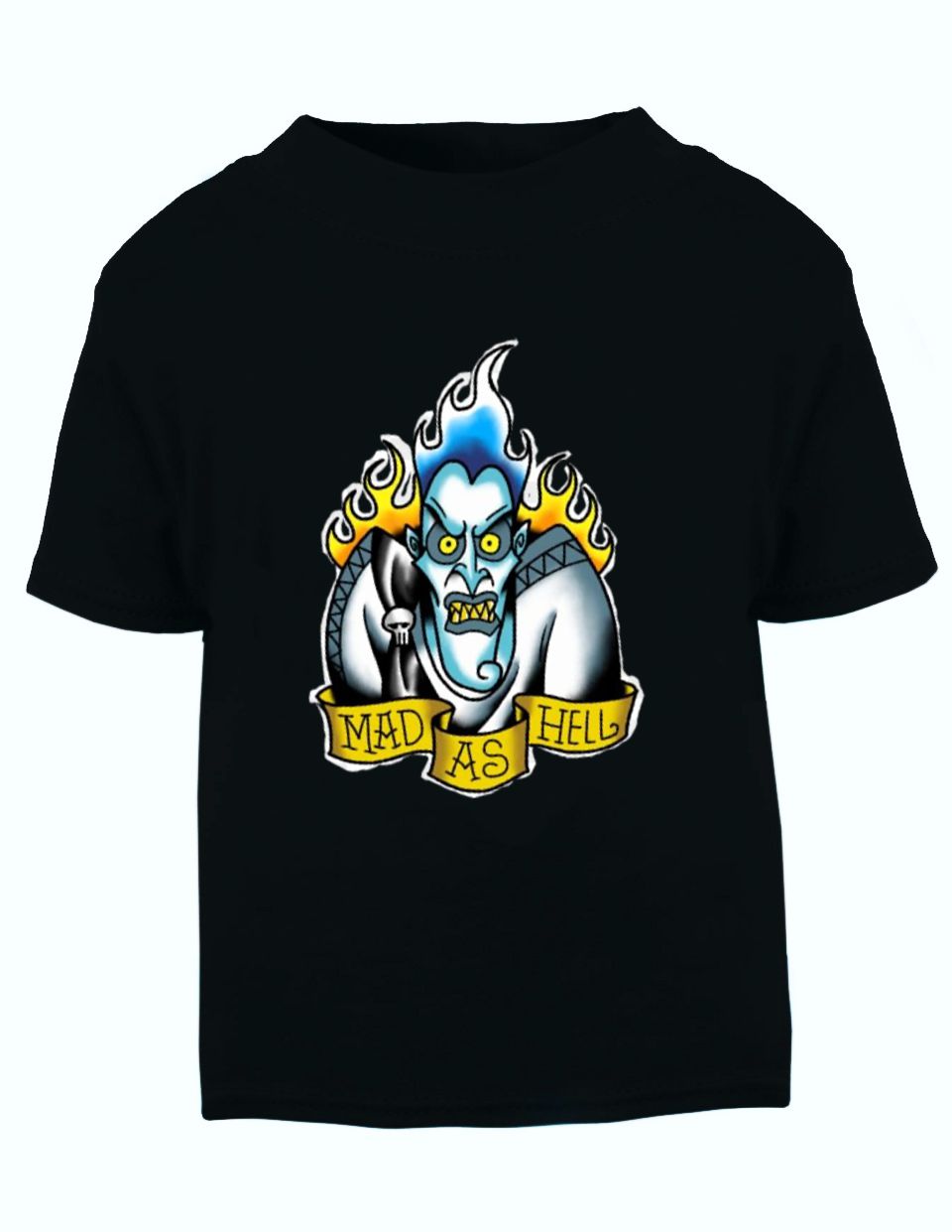 T-shirt preta com estampa de personagem Hades e texto MAD AS HELL