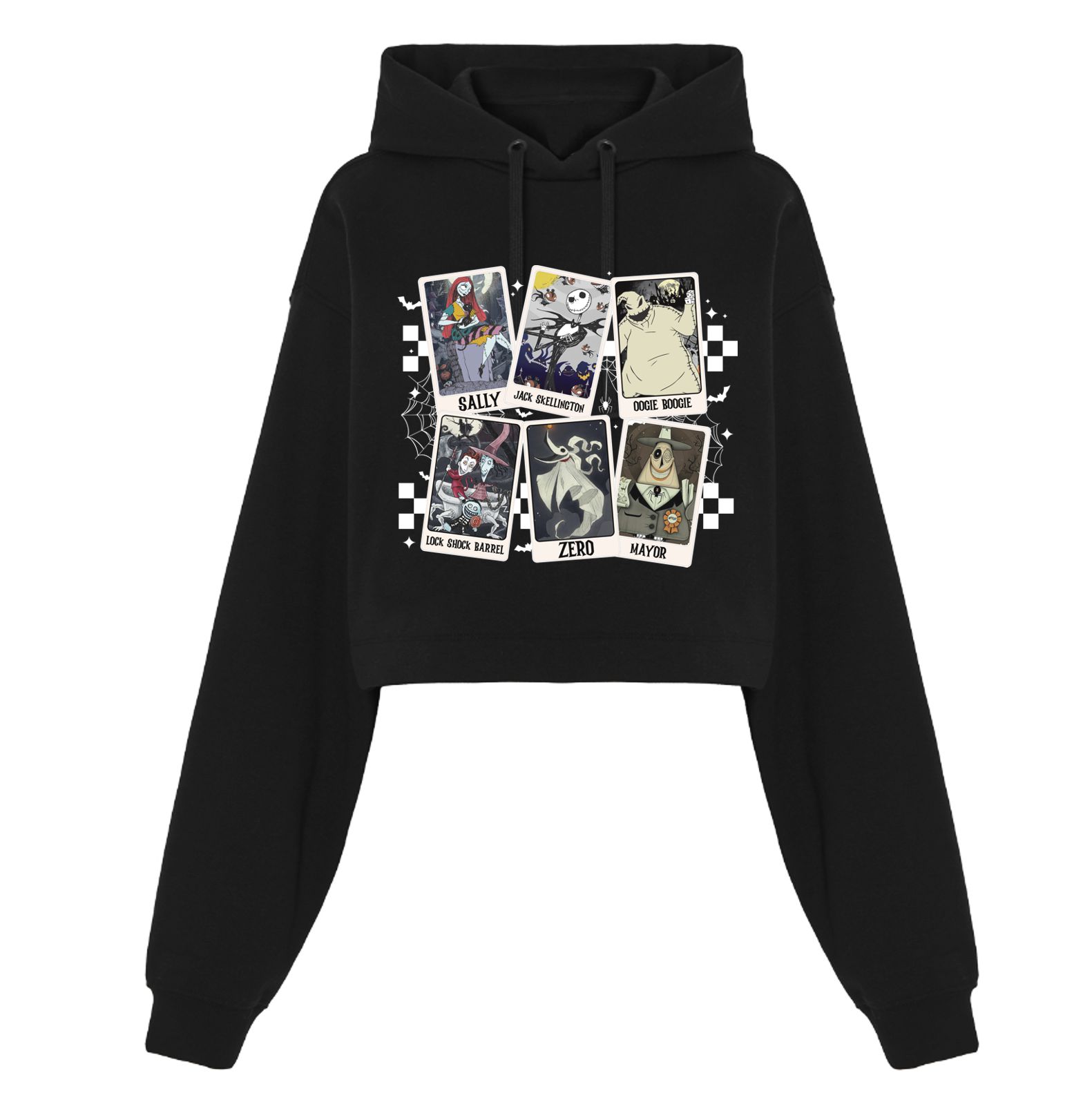 Sweatshirt preta com capuz e estampado colorido de personagens na frente