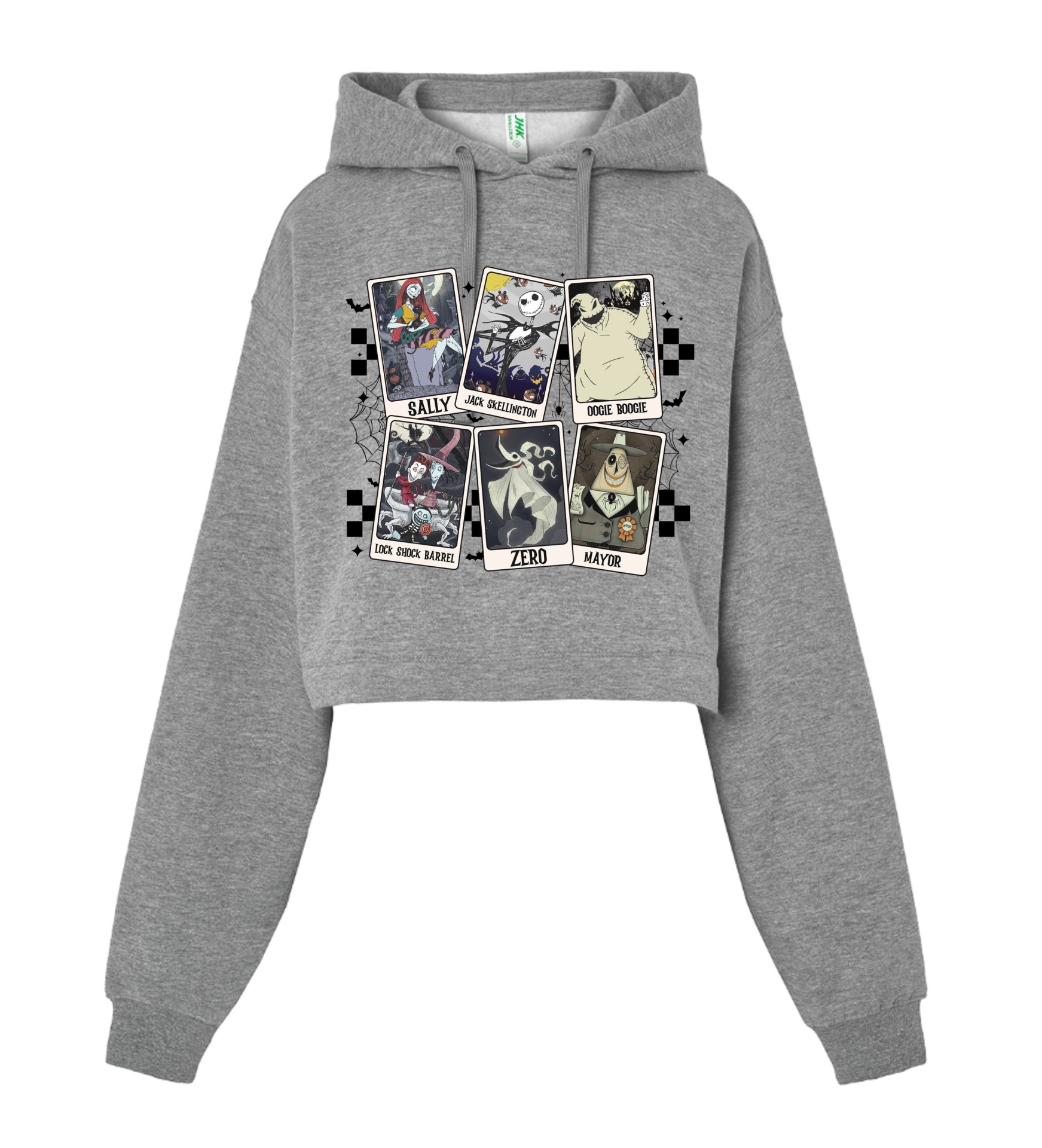 Camisola cinzenta com capuz e estampado de personagens em estilo carta