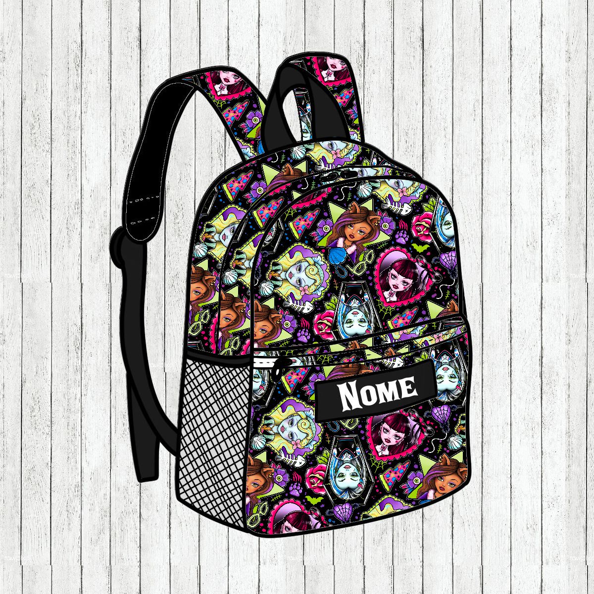 Mochila infantil colorida com personagens e etiqueta NOME