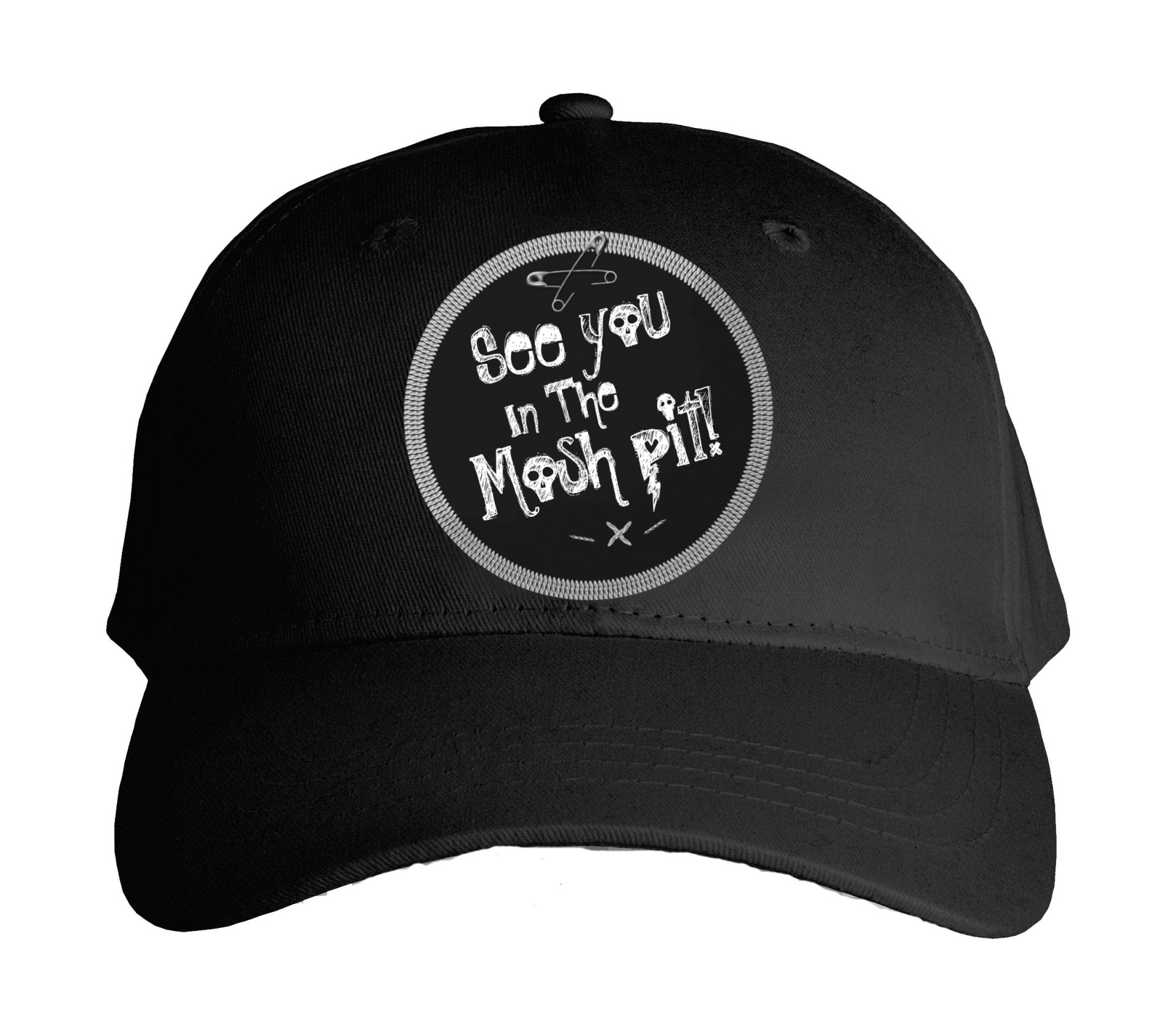 Boné preto com texto branco 'See you in the Mosh Pit'