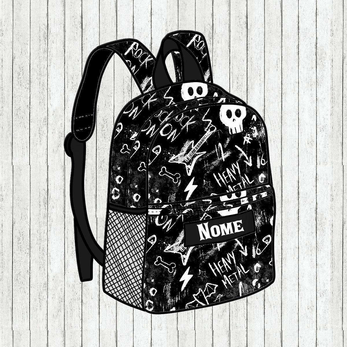 Mochila preta com desenhos brancos de caveiras e guitarras e texto NOME no bolso frontal