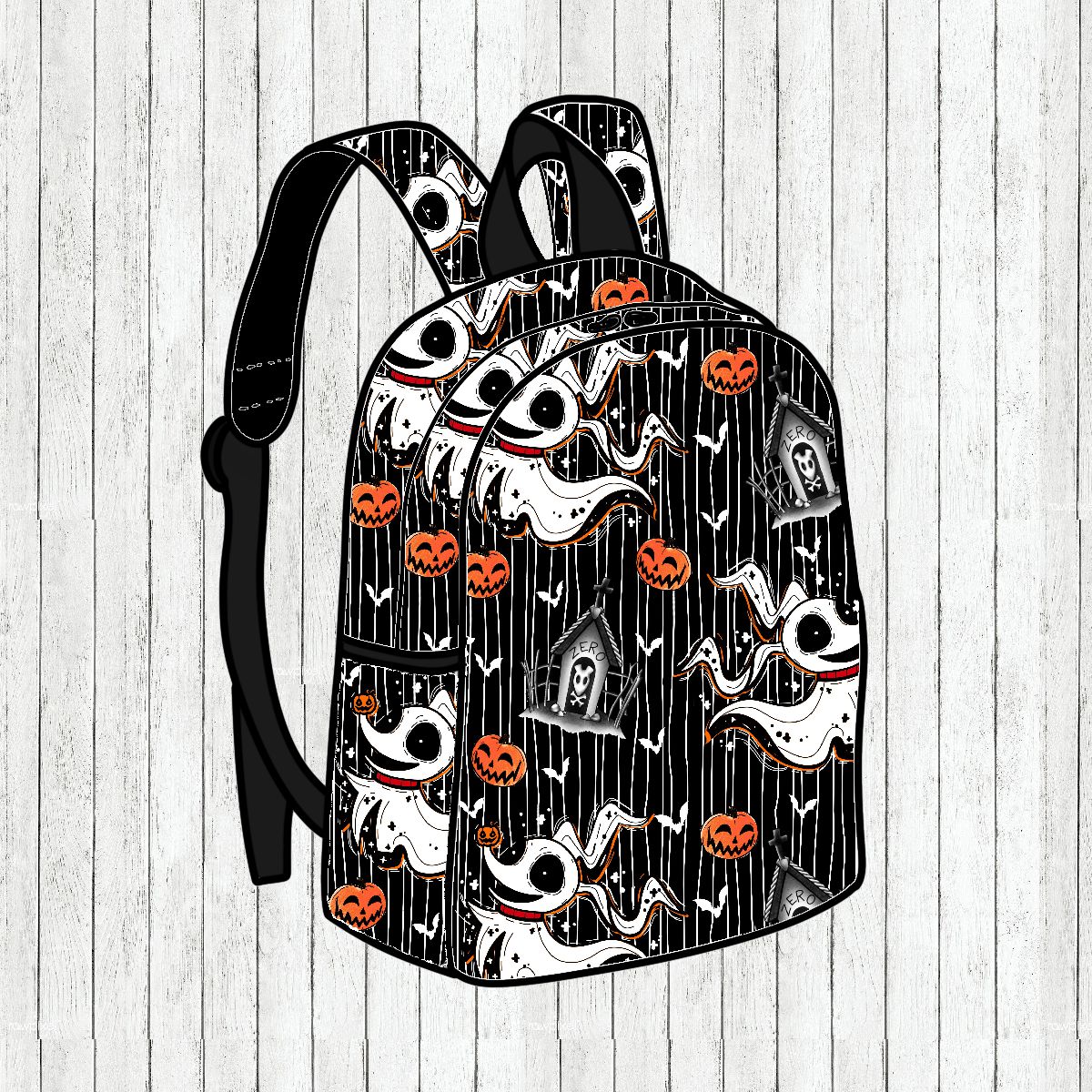 Mochila preta com padrão de fantasia de Halloween e alças pretas acolchoadas