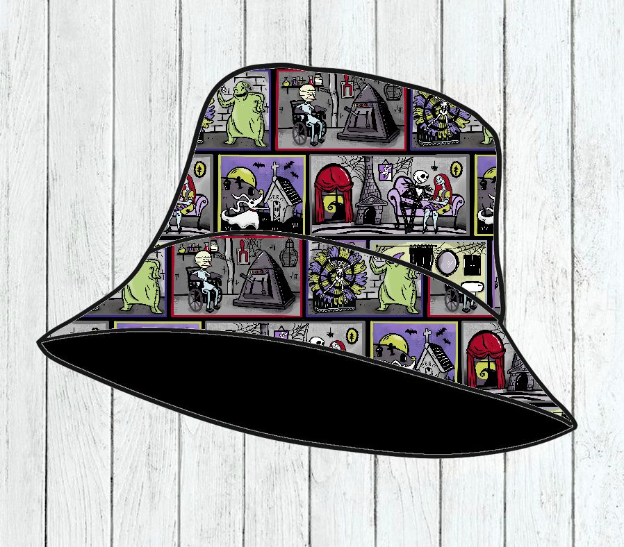 Chapéu balde com padrão colorido de desenhos animados de monstros e esqueletos