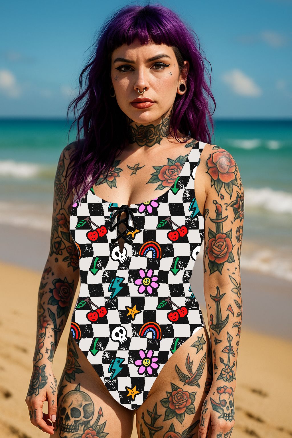 Fato de Banho Straps Wavy Checks - Por encomenda