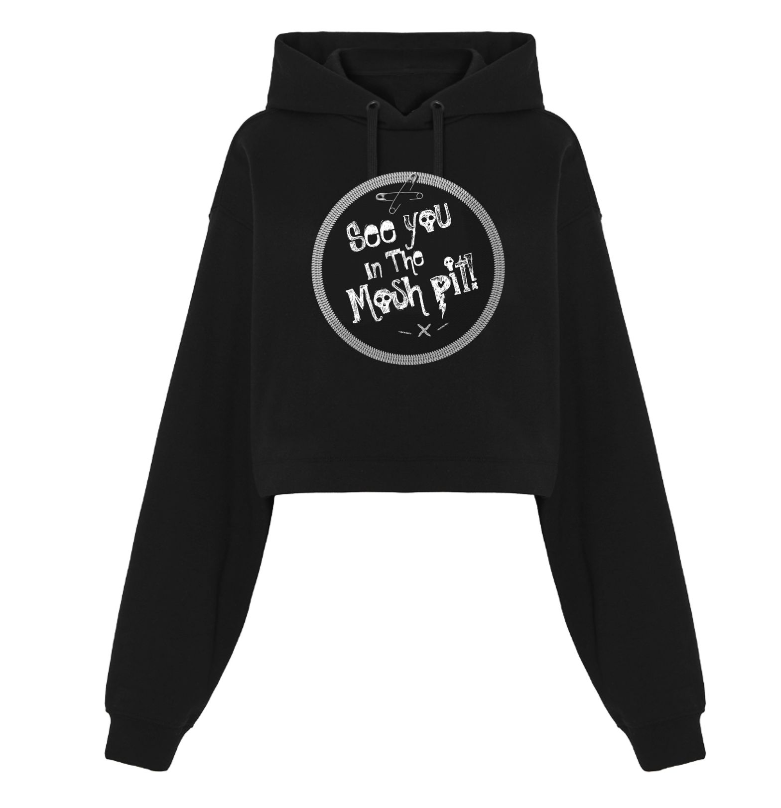 Sweatshirt preta com capuz e estampa branca frontal com o texto 'See you in the Mosh pit!'