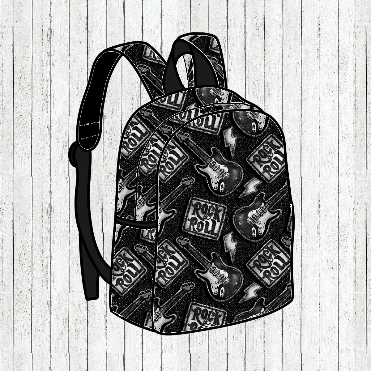 Mochila preta com padrão de guitarras e texto ROCK N ROLL