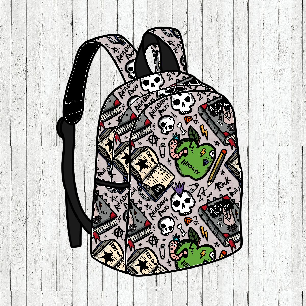 Mochila com padrão colorido de caveiras, corações e textos em fundo cinza.