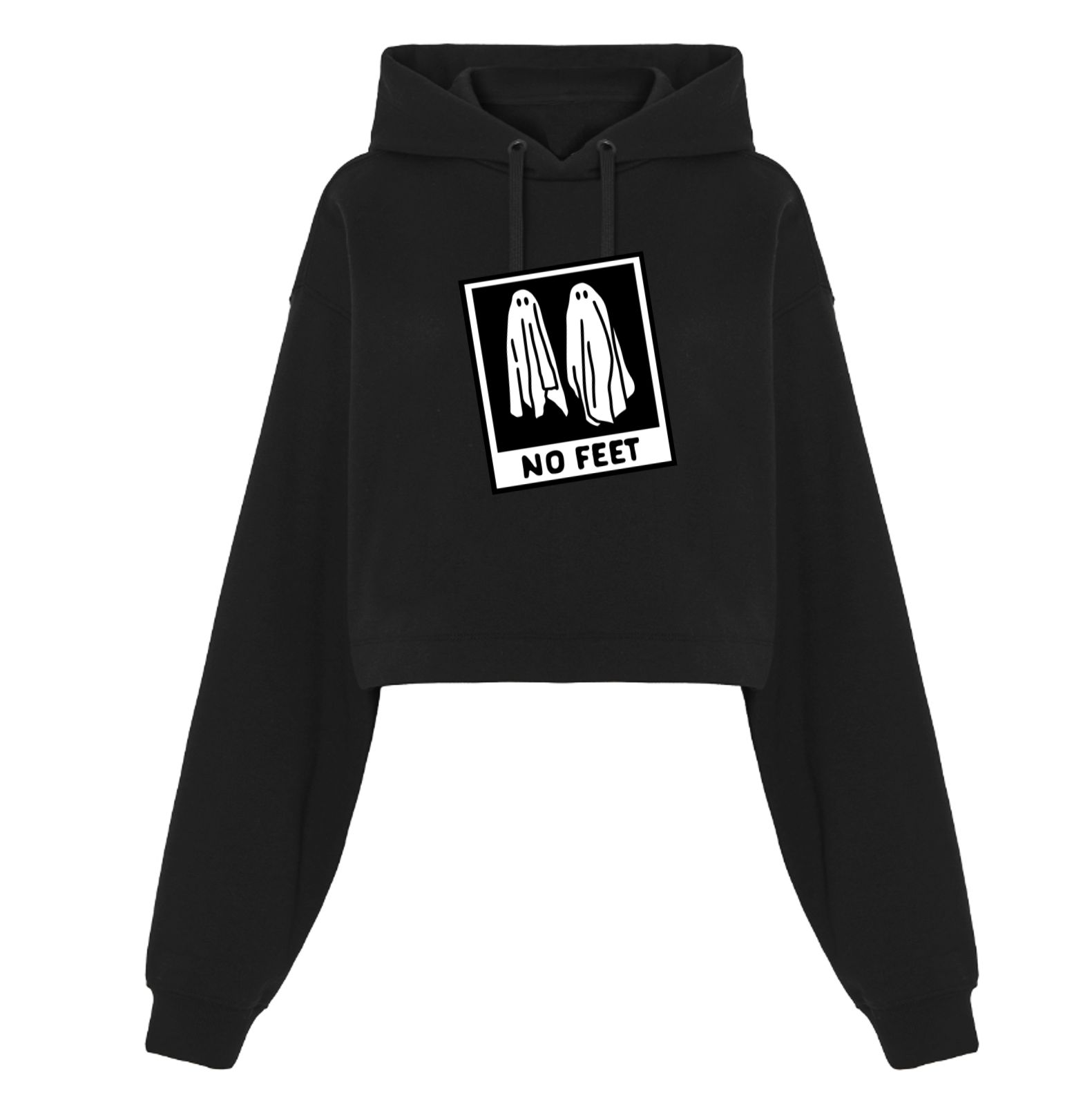 Sweatshirt preta curta com capuz e desenho de fantasmas e texto 'NO FEET'