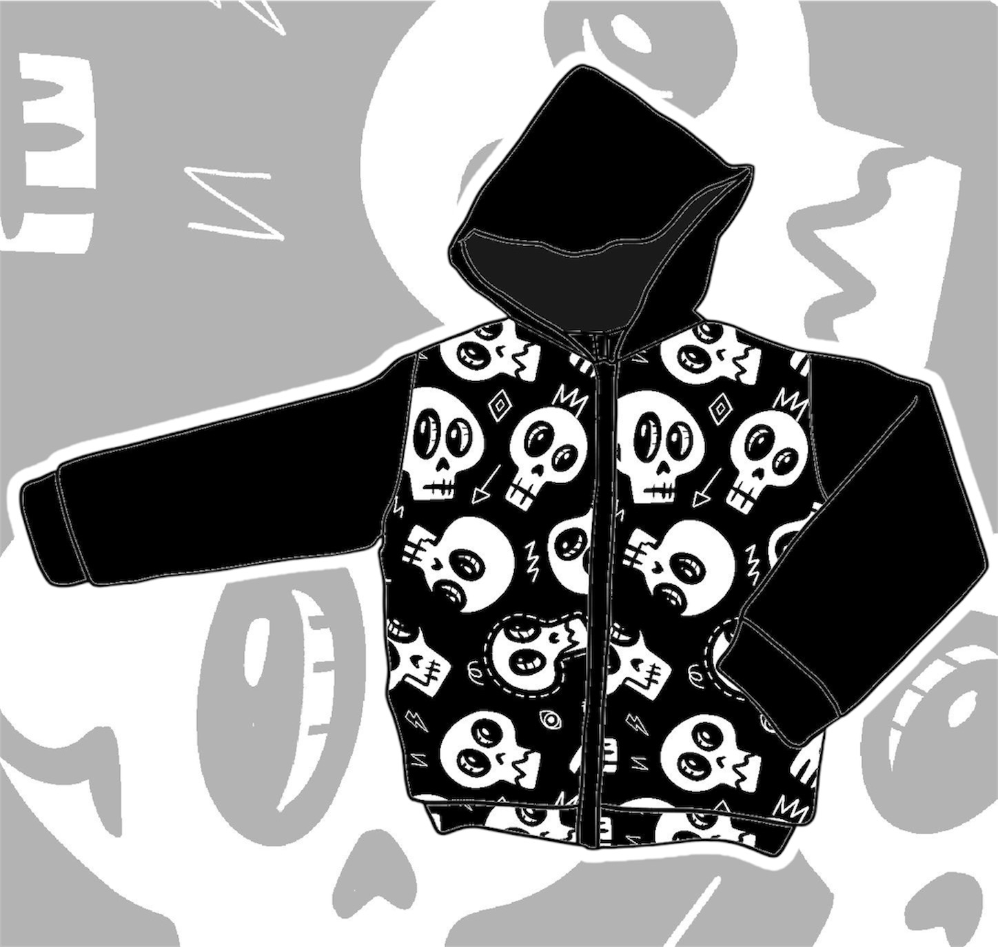 Casaco preto para criança com padrão de caveiras brancas e capuz