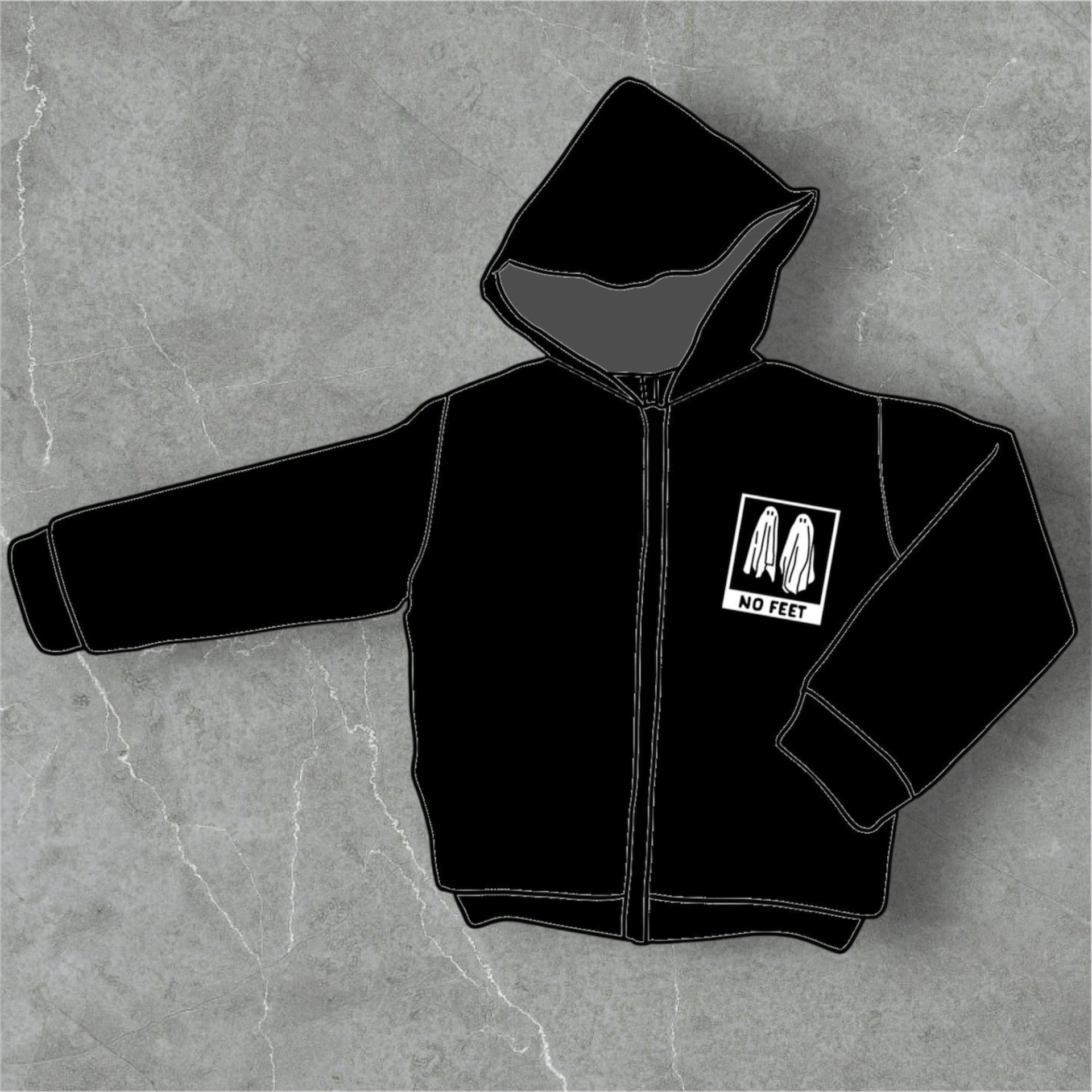 Casaco preto com capuz e estampado 'NO FEET' no peito