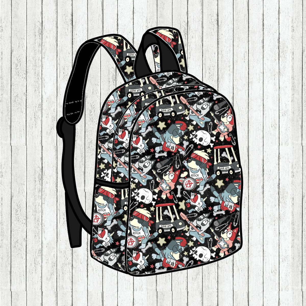 Mochila preta com padrão colorido de desenhos animados em fundo de madeira clara