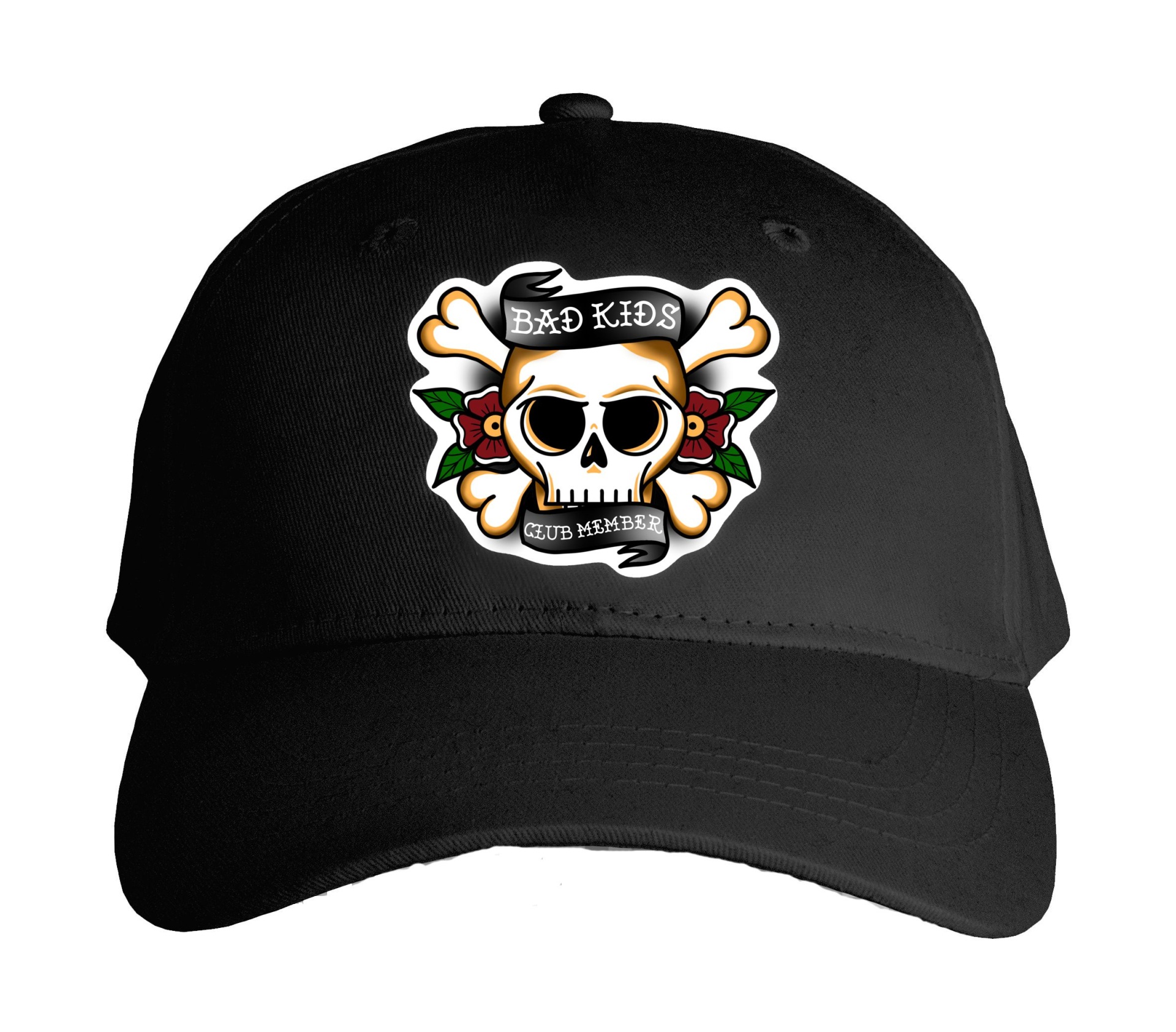 Boné preto com estampa colorida de caveira e texto BAD KIDS