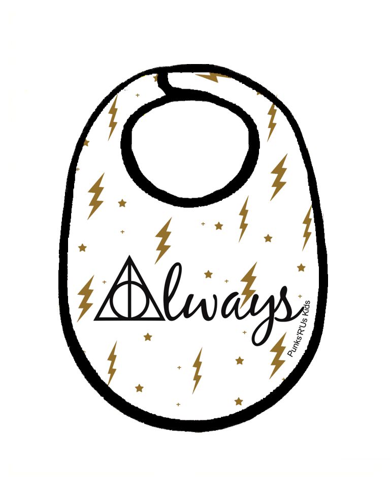 Babete branco com padrão dourado e texto 'Always' preto