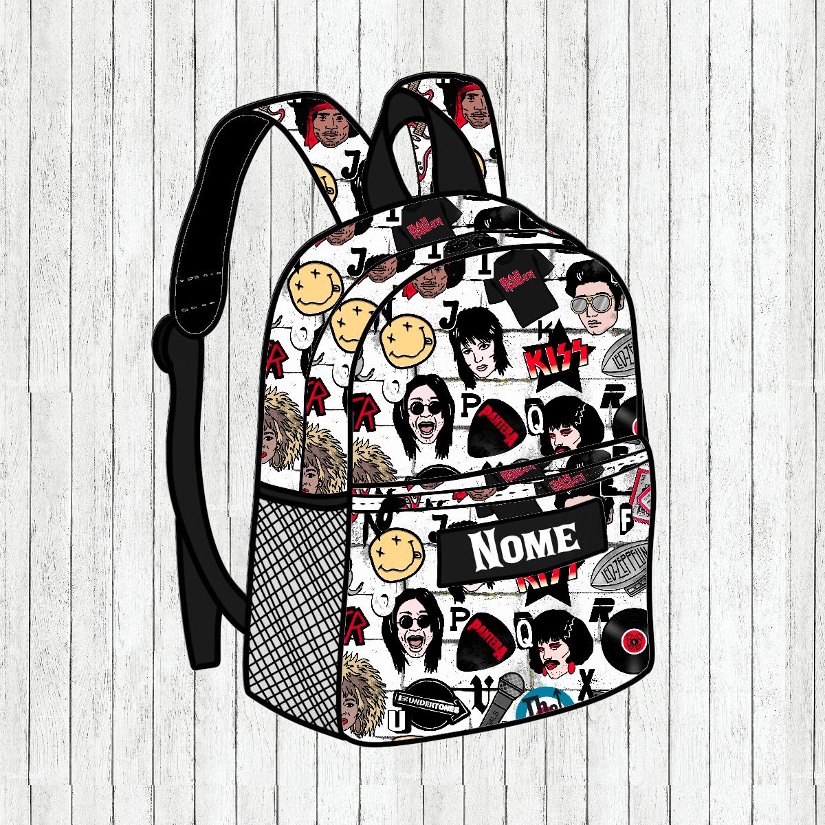 Mochila branca com padrão colorido e tiras pretas