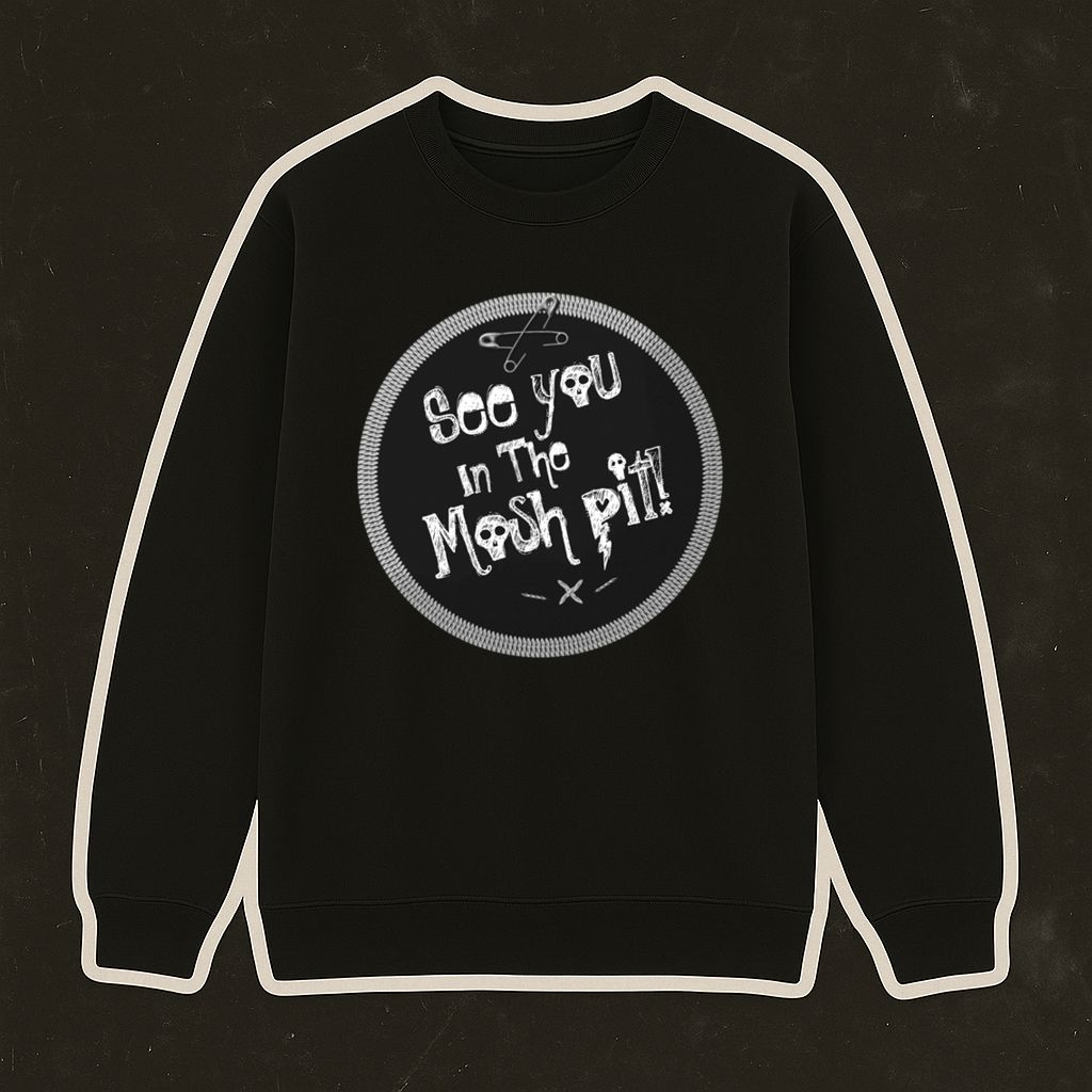 Sweatshirt preta com estampado circular branco e texto manuscrito