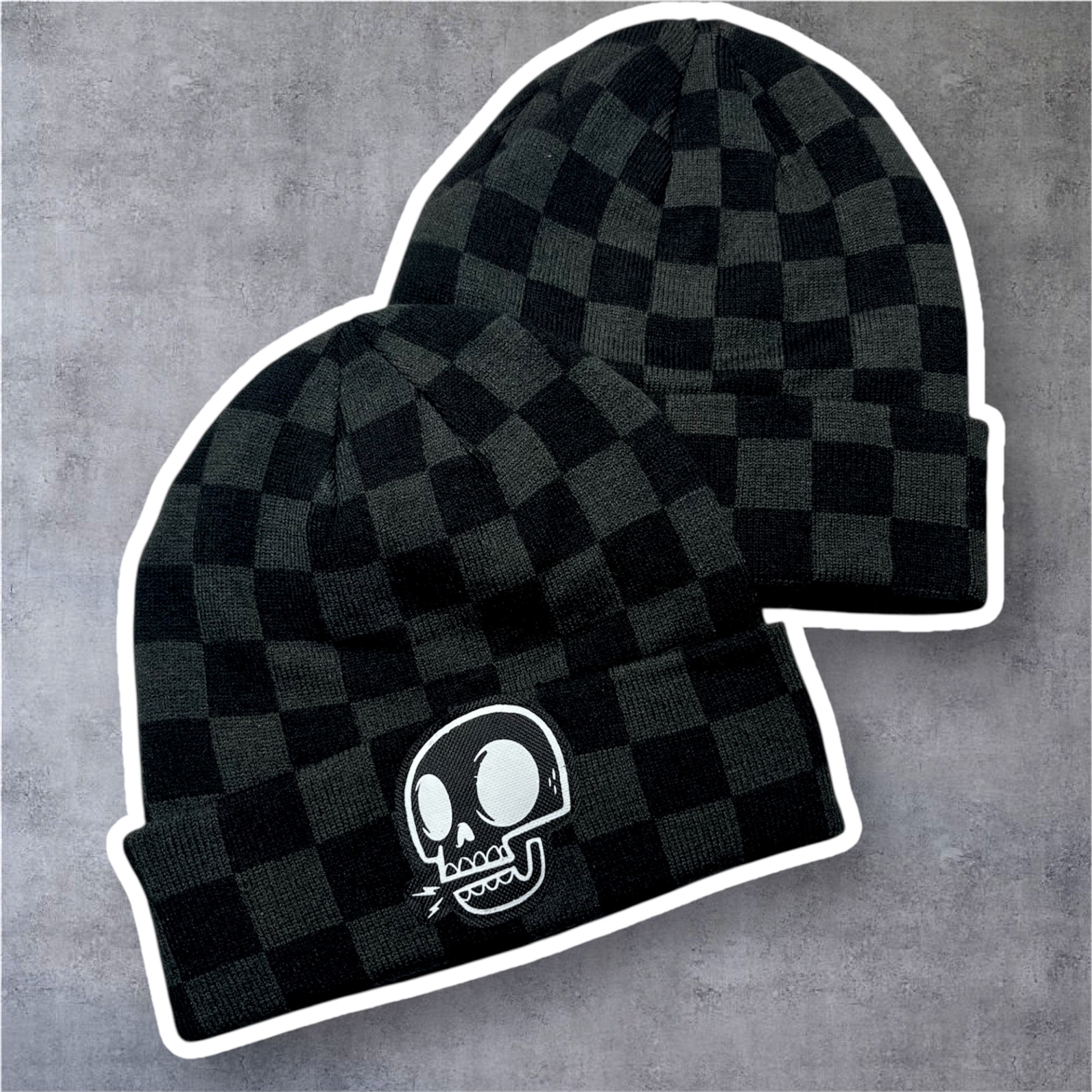 Gorro de Malha Xadrez Skull Cinzento/Preto - Por Encomenda
