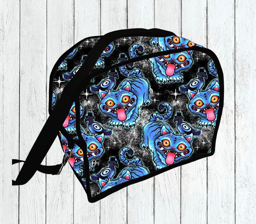 Mala de ombro com padrão de gatos azuis caricatos