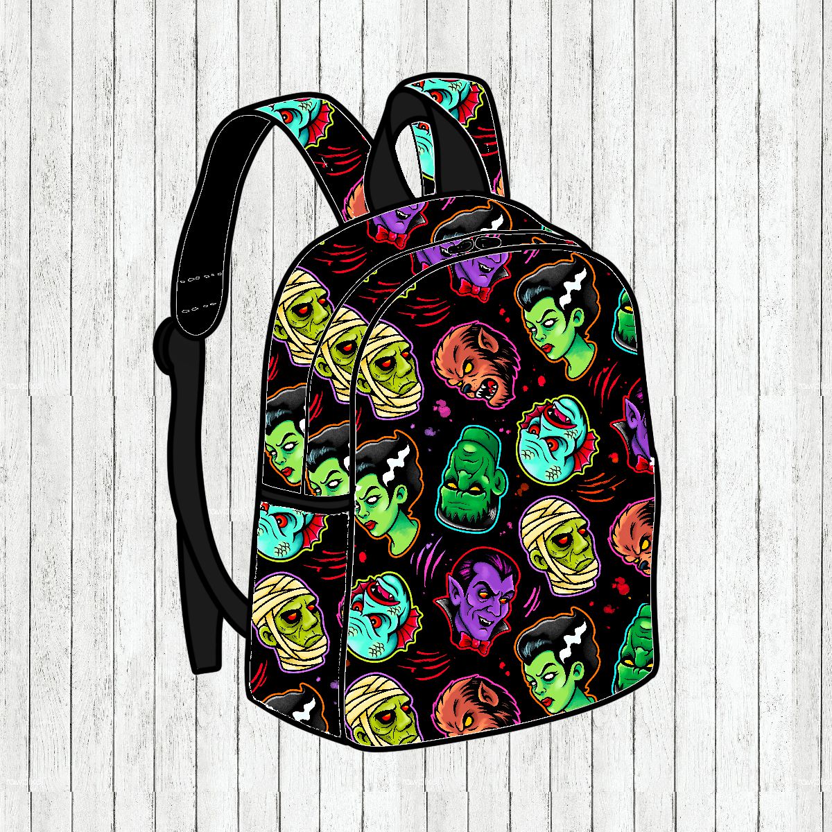 Mochila preta com padrão colorido de monstros clássicos