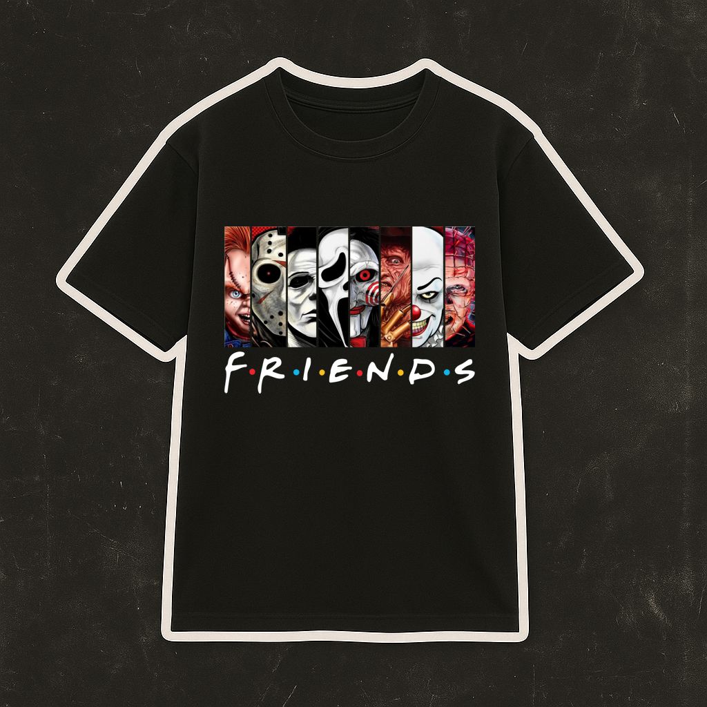 T-shirt preta com desenho de personagens de terror e texto F.R.I.E.N.D.S