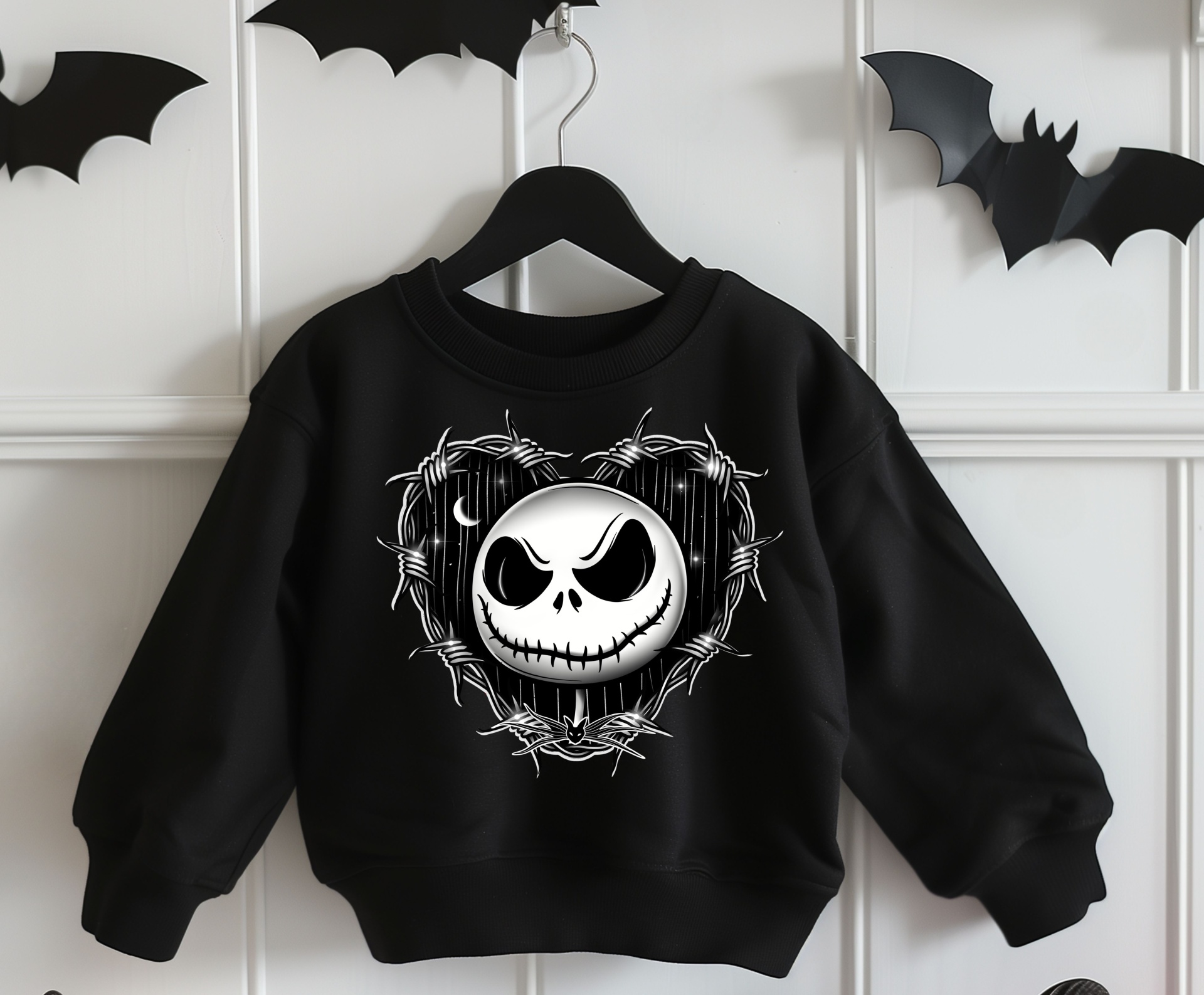 Sweatshirt preta infantil com estampa de rosto branco e coração de arame farpado.