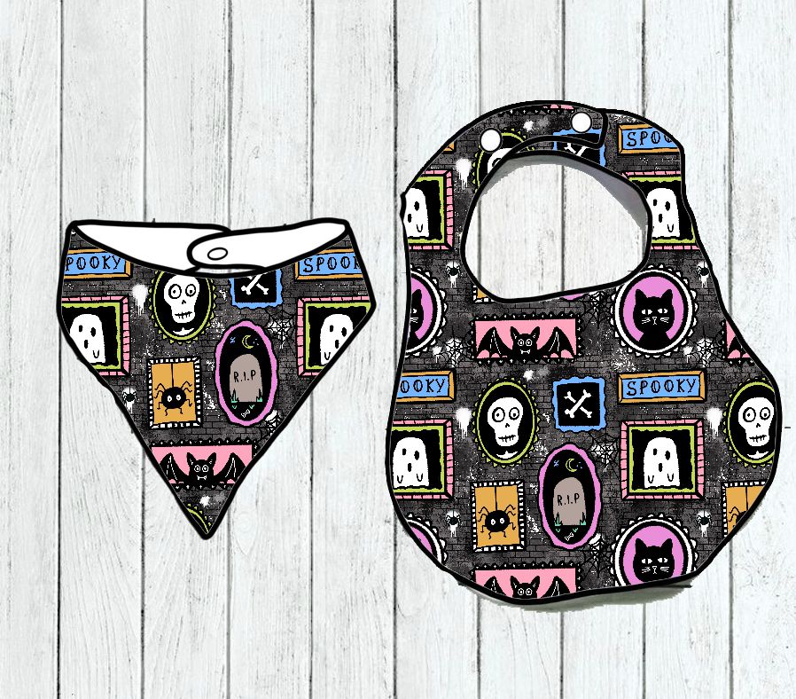 Babete e bandana para bebé com padrão assustador colorido em fundo preto