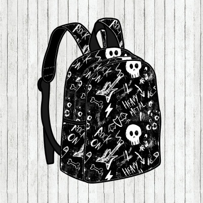 Mochila preta com padrão branco de caveiras e guitarras e texto heavy metal